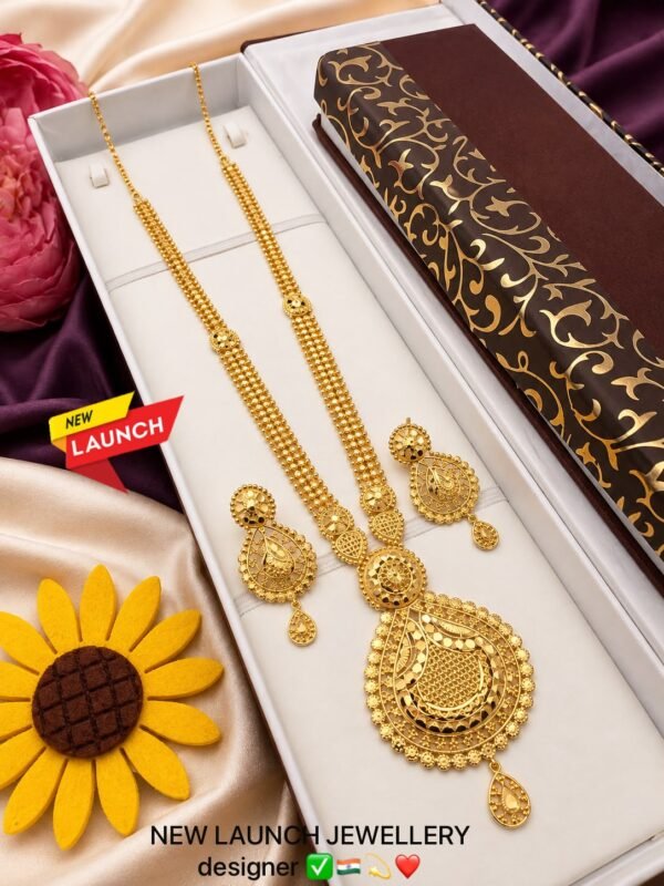 CUTE GOLD One Gram Micro Gold Plated Traditional South Indian Fashion Jewellery Stylish Ruby Emrald Stone Long Haram Set for Women & Girls.